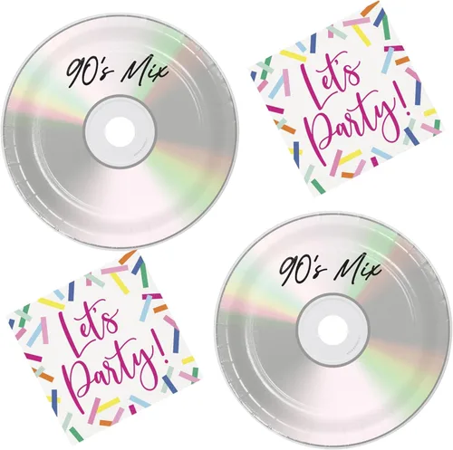 Suministros para fiestas de los 90 – Platos redondos de postre de papel con CD de los años 90 y servilletas de confeti "Let's Party" (16 platos y