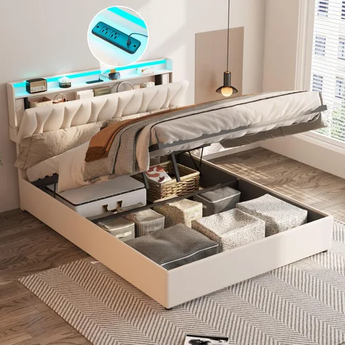 Miniatura 16 de Fameill Marco de Cama Twin con Almacenamiento Elevable, Cabecera Ajustable, Estación de Carga, Luces LED, Listones de Madera, Sin Ruido, No Requiere