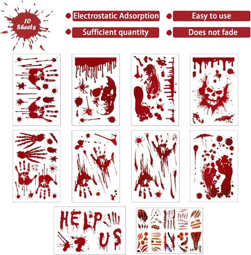 Miniatura 4 de Decoraciones de Halloween para ventana, 9 hojas, 90 unidades, calcomanías de huellas de manos sangrientas con 10 calcomanías de tatuaje, calcomanías