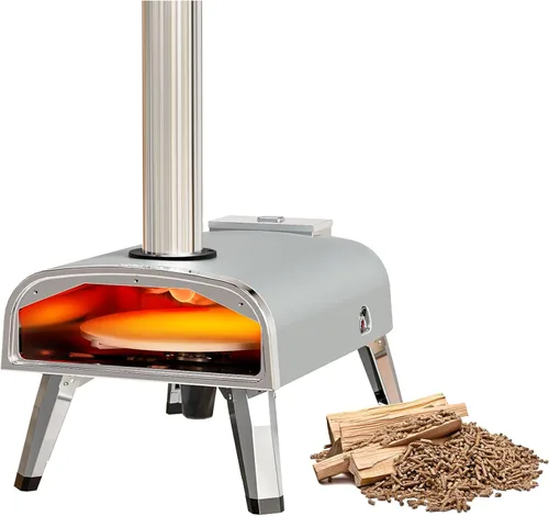 Miniatura 7 de aidpiza Horno de pizza para exteriores de 12" con pellet de madera y piedra para pizza giratoria portátil, a leña, con termómetro incorporado, Gris