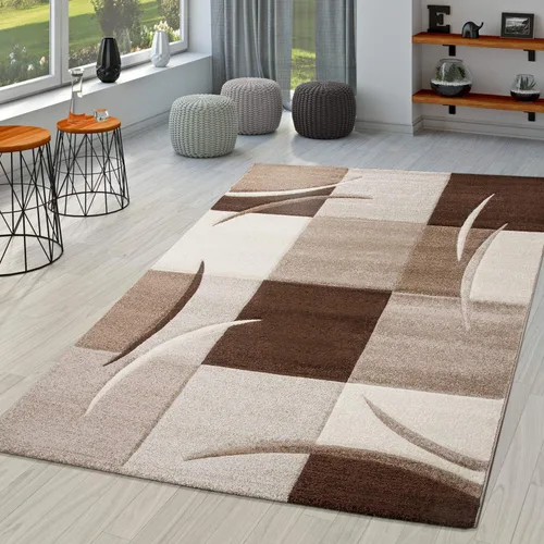Alfombra de área Paco Home a cuadros con tonos tallados modernos en marrón beige, Tamaño: 2'8" x 4'11"