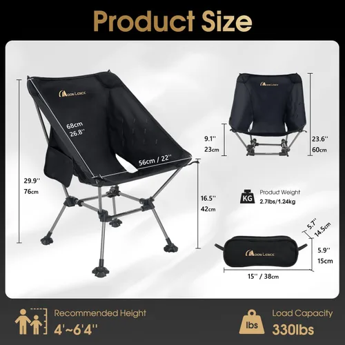 Miniatura 4 de MOON LENCE Silla de camping Plus, comodidad y tamaño mejorados, aún compacta y ligera, silla portátil plegable para mochilero y senderismo, Negro