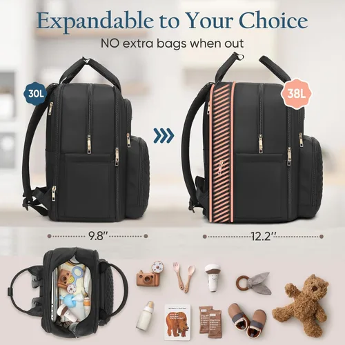 Miniatura 3 de Mochila para pañales Qualyphant - Bolsa de pañales extra grande para 2 niños gemelos (expandible 30-38L) - Mochila de viaje para bebé con cambiador