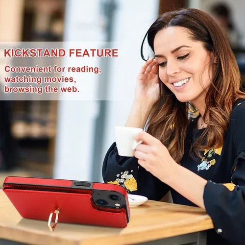 Miniatura 6 de Folosu Funda compatible con iPhone 13 con soporte para tarjetas, rotación de 360°, soporte de anillo de dedo con función atril, protección con Rojo