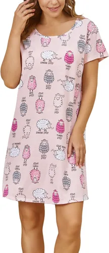 Miniatura 2 de Inadays Camisón de algodón para mujer, ropa de dormir de manga corta, camisón casual con estampado, vestido de dormir holgado y cómodo pijama