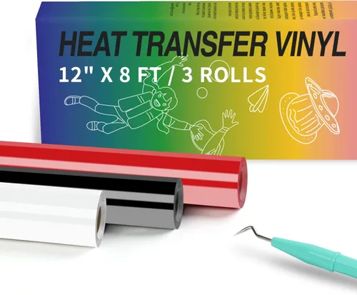 HTVRONT - Rollo de vinilo termotransferible, 12 in x 8 ft, para diseños en camisetas, fácil de cortar y despegar, color negro, blanco y rojo C-Negro