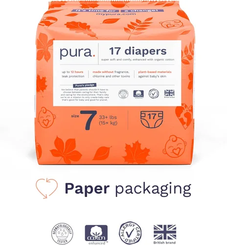 Miniatura 4 de Pura Pañales ecológicos talla 7 (33+libras) hipoalergénicos, TCF, algodón orgánico suave, sostenible, hasta 12 horas de protección contra fugas