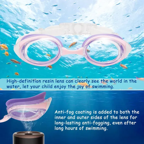 Miniatura 4 de Gafas de natación miopes para niños -2.0D a -5.0D, gafas de natación antiempañamiento miopes sin fugas, aptas para 4 a 14 años Púrpura