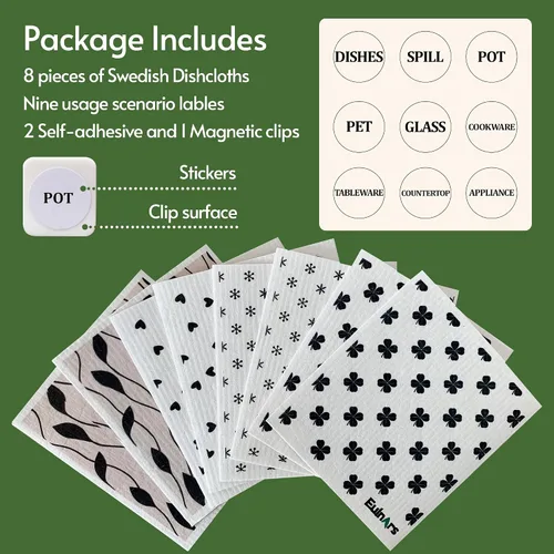 Miniatura 6 de Eulnars - Toallas de papel reutilizables, paquete de 8 paños de cocina suecos con 3 clips, negro y blanco, algodón, 200 lavados Negro Blanco