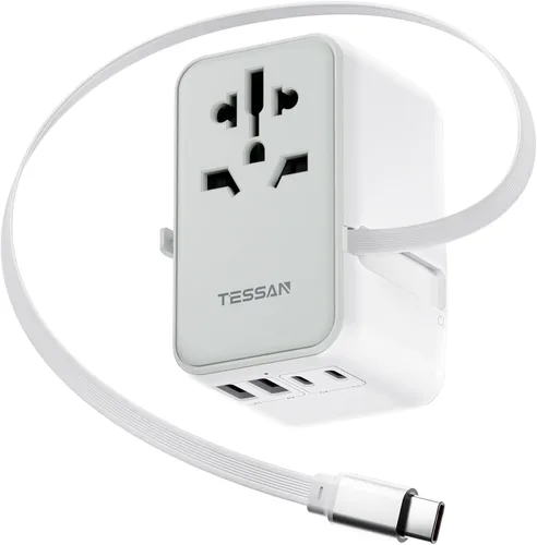 Miniatura 8 de TESSAN Adaptador de viaje 009, PD 20 W, adaptador de corriente universal 2 USB C 1 USB A, adaptador de enchufe internacional ultrafino, salida Negro