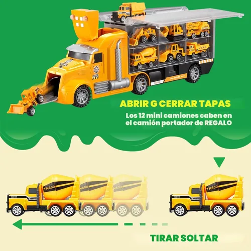 Miniatura 6 de JOYIN Juego de camiones de construcción 25 en 1 con 12 vehículos y 12 figuras de trabajadores, camiones de juguete Push and Go con sonido y luz