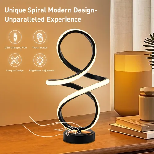 Miniatura 3 de Mayful Moderna lámpara de mesa en espiral, pequeña lámpara de mesita de noche negra con puertos USB C y A, control táctil regulable con 3
