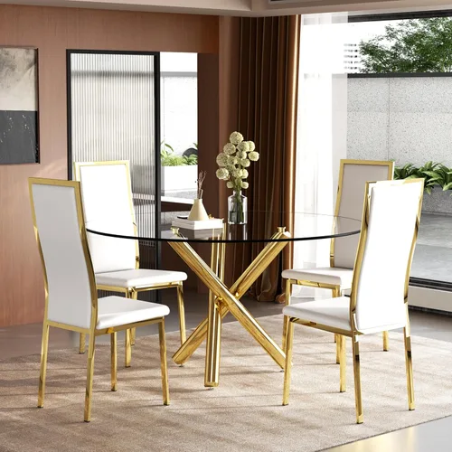 Miniatura 33 de Moderno juego de mesa redonda de cristal para 2, juego de mesa de cocina de círculo pequeño de 36 pulgadas con 2 sillas de comedor de piel sintética
