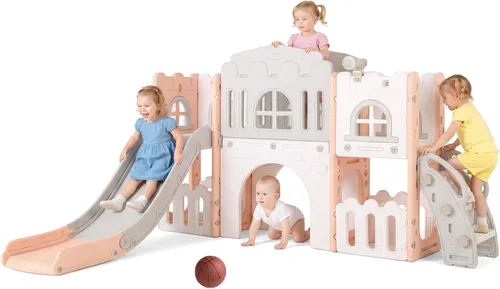 Miniatura 12 de OLAKIDS Tobogán para niños pequeños, 6 en 1 para interiores y exteriores, con aro de baloncesto, telescopio, almacenamiento de juguetes para niños