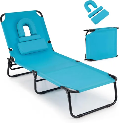 Miniatura 11 de Giantex Silla bronceadora, silla de patio ajustable con orificio para la cara, almohadas extraíbles, correa de transporte, silla de diseño, silla