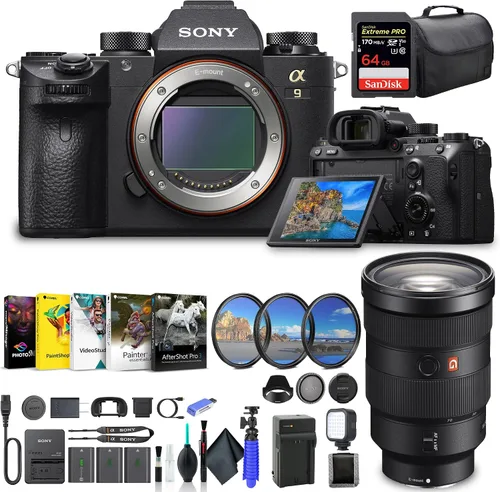 Sony Cuerpo de cámara digital Alpha a9 sin espejo solo ILCE9/B, lente Sony FE de 0.945-2.756 in, tarjeta de memoria de 64 GB, 2 baterías NP-FZ-100,