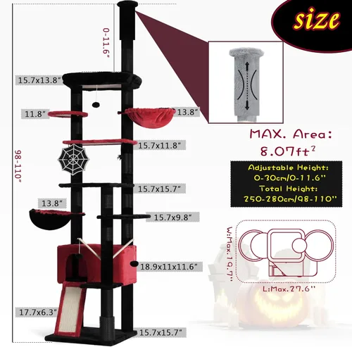 Miniatura 3 de Hey-brother Árbol gótico para gatos, de 98.4 a 110.2 pulgadas, de piso a techo, altura ajustable, torre de escalada alta para gatos grandes