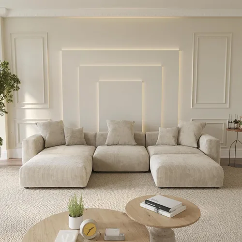 Miniatura 17 de WJShome Cloud Couch Sofá Seccional Modular, Sofá en Forma de L de 102 pulgadas con Otomana, Sofá de Pana Beige de 3 Asientos, Sofá Seccional
