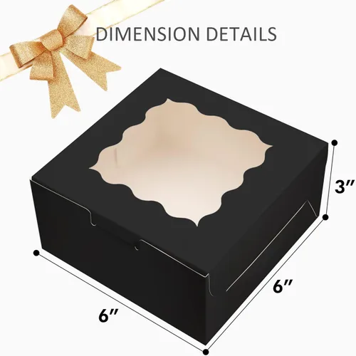 Miniatura 6 de Bakepacker 100 piezas de cajas de panadería negras con ventana de 6x6x3 pulgadas, gruesas y resistentes, cajas de macarrón y de repostería, cajas