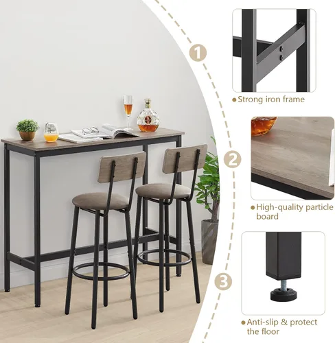 Miniatura 3 de Juego de mesa de bar y 2 sillas, 3 piezas para espacios pequeños, mesa de comedor rectangular para 2 mesas de bar de altura de mostrador con 2 Gris