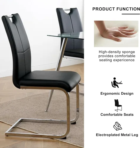 Miniatura 4 de Juego de 2 sillas de comedor, modernas sillas de cocina con respaldo alto con patas de metal y asiento acolchado de piel sintética, sillas de Negro