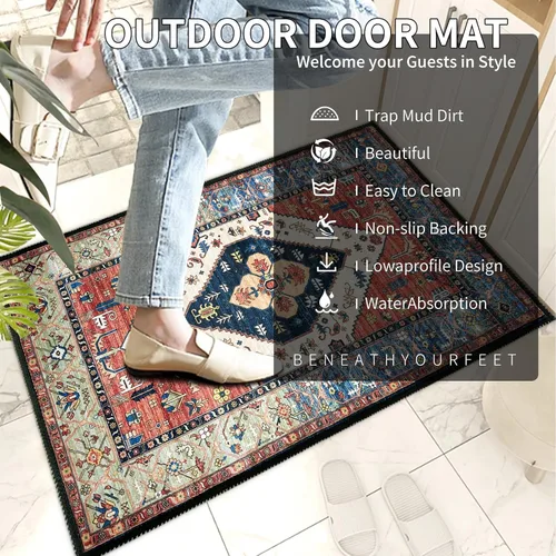 Miniatura 4 de 2 piezas de alfombrilla lavable para interiores de 24" x 36", antideslizante, alfombra de suelo retro, alfombra absorbente para entrada, alfombra