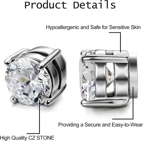 Miniatura 3 de HENGYID Juego de 4 pares de aretes magnéticos de acero inoxidable para hombres y mujeres, con imán de circonita cúbica sin perforaciones, 0.236in