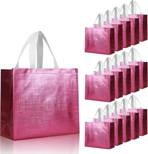cabzymx 16 bolsas de regalo reutilizables rosadas, bolsa de regalo de vacaciones con diseño metálico brillante con asas y bases, bolsa de regalos no