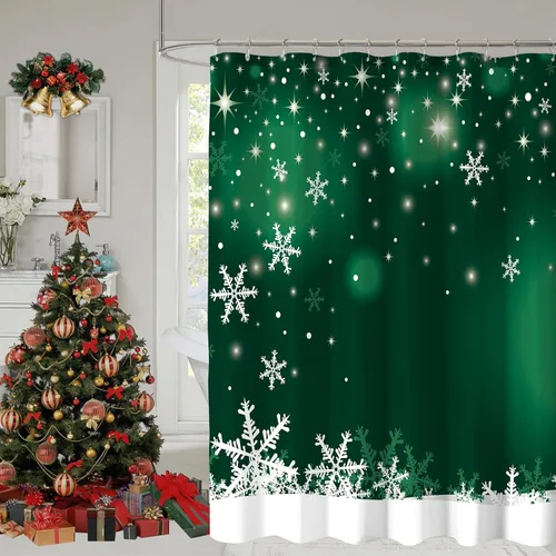 Miniatura 7 de Cortina de ducha de Navidad, cortinas de ducha azules con copos de nieve de Navidad para decoración de baño, cortina de ducha azul de vacaciones