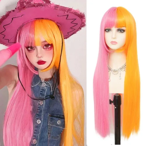 Miniatura 14 de Peluca larga ondulada de rubio a rosa para mujer, rizada, resistente al calor, sintética, para Halloween, cosplay, pelucas de pelo