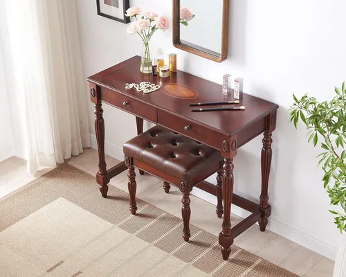 Miniatura 5 de Taburete de tocador de madera maciza con tapizado, banco de piano de mediados de siglo con patas talladas, taburetes de maquillaje con asiento