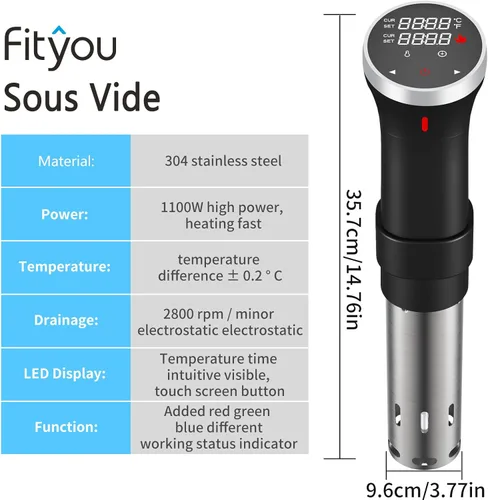 Miniatura 5 de Fityou Accu Slim Sous Vide Circulador de inmersión térmica, cocina de precisión al vacío de 1100 W con temperatura y temporizador precisos, control