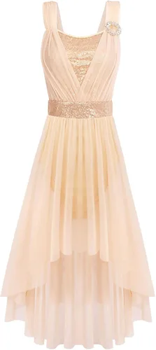 Miniatura 4 de ODASDO Vestido de baile lírico moderno y contemporáneo para mujer, disfraz de lentejuelas de tul de malla, falda alta y baja, ropa de ballet