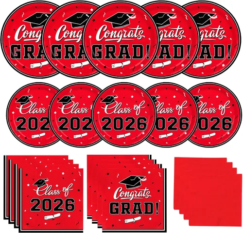 Platos y servilletas para fiesta de graduación, suministros para fiestas de graduación, platos de papel desechables rojos, servilletas de cóctel,