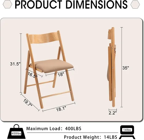 Miniatura 3 de Juego de 2 sillas plegables, sillas de comedor plegables de madera con cojín de piel sintética, paquete de 2 sillas portátiles y apilables para Caqui