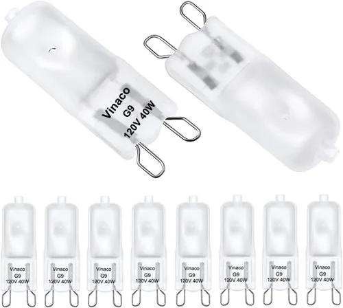 Vinaco Bombilla G9, paquete de 10 bombillas halógenas G9 esmeriladas de 40 W, alto brillo JCD G9 120 V 40 W, G9 regulable blanco cálido 2800 K,