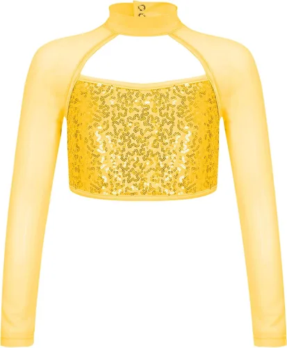 Camisetas cortas de lentejuelas para niños y niñas, manga larga, cuello alto, jazz, hip hop, ballet, danza, ropa de baile