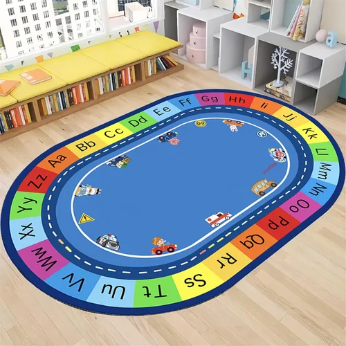 Miniatura 15 de Tapete de aprendizaje educativo para niños, 3 x 4 pies, tapete decorativo con diseño de planeta y alfabeto ABC, ovalado, grande, antideslizante