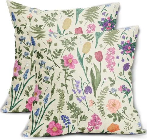 Miniatura 19 de Juego de 2 fundas de almohada de primavera de 16 x 16 pulgadas, diseño de conejo, flores rosas, hojas verdes salvia, plantas botánicas vintage