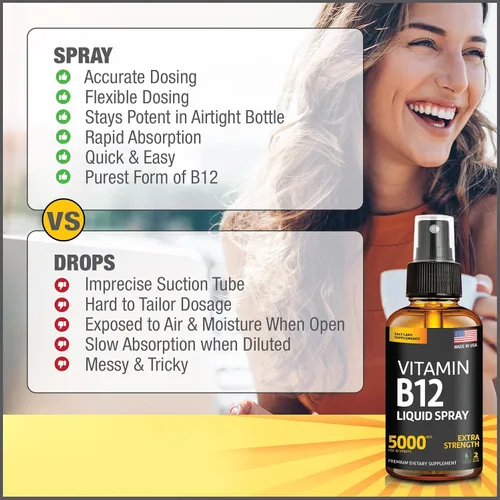 Miniatura 5 de Vitamina B12 Sublingual Spray 5000 mcg – Líquido vegano de metilcobalamina B12 aumenta la energía, el estado de ánimo y la salud cerebral – Sin