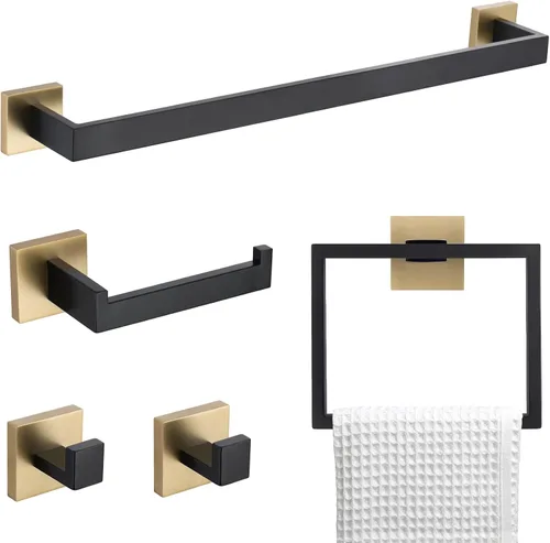 Miniatura 14 de Juego de accesorios de baño de 5 piezas 60 cm Barra de toalla dorada Juego de barra de toalla Anillo de toalla Gancho para abrigos y soporte