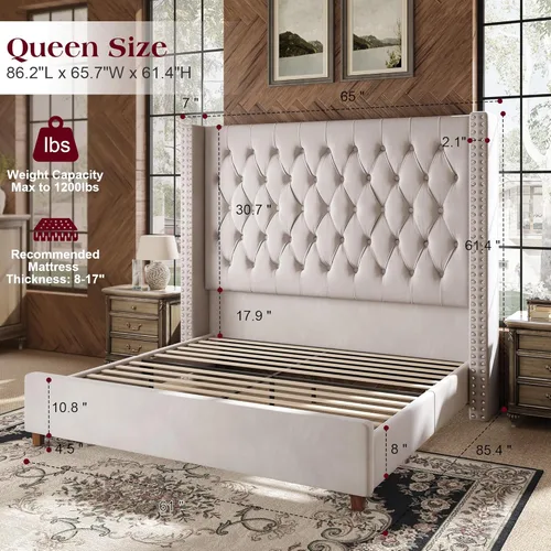 Miniatura 2 de PaPaJet Base de cama Queen con cabecera de ala de 61.4 pulgadas de alto, plataforma tapizada de terciopelo con acolchado de botones profundos,