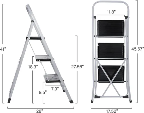 Miniatura 7 de JungleA Escalera de 3 escalones, taburete plegable para adultos, escalera ancha antideslizante para el hogar, cocina, armario, garaje y oficina, Gris