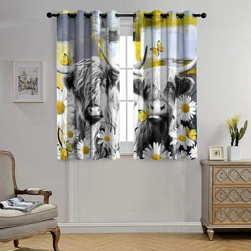 Miniatura 4 de Cortinas opacas con ojales de arte abstracto y moderno para dormitorio, diseño de grafiti de acuarela, margaritas geométricas, yak, mariposas