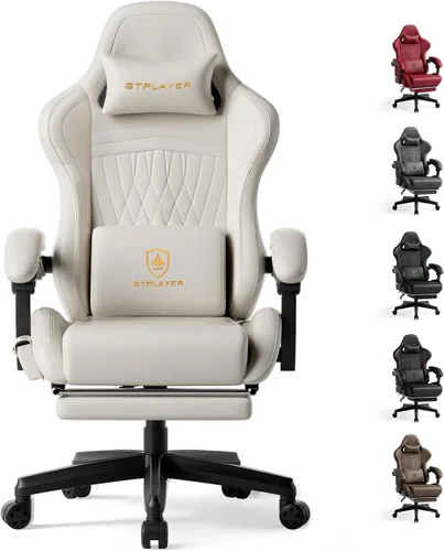 GTPLAYER Silla de juegos con altavoces, sillas de videojuegos con reposapiés, sillas de juego de PC para adultos - Silla de juego ergonómica 01 Cream