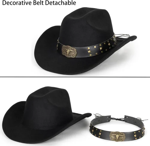 Miniatura 22 de Sombrero de vaquero clásico de fieltro occidental para mujeres y hombres de ala ancha con hebilla de cinturón (tamaño: mediano-grande)