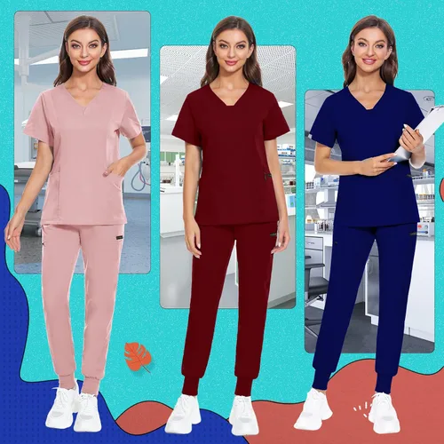 Miniatura 13 de VIAOLI Conjunto de ropa quirúrgica para mujer, camiseta con cuello en V y pantalones médicos tipo cargo para mujer, 10 bolsillos