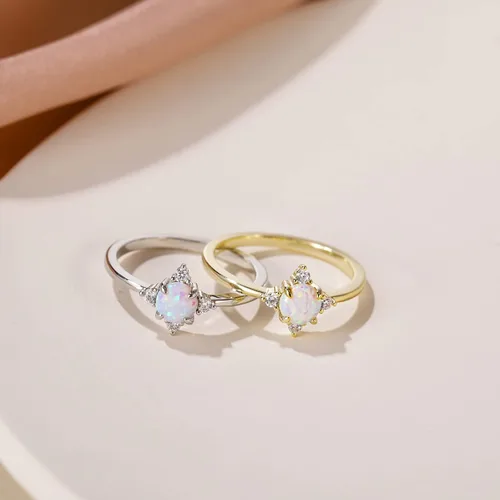 Miniatura 3 de SHINYSO Anillo de boda chapado en oro de 14 quilates para mujer, anillos finos y apilables, ópalo delicado con circonita cúbica, anillo