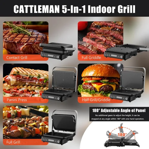 Miniatura 5 de CATTLEMAN Prensa de Parrilla Panini Sandwichera con Placas Extraíbles, 1600W, 5 en 1 Parrilla y Plancha Interior Sin Humo con Termómetro para Carne