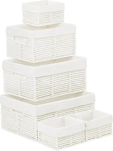 Miniatura 26 de Vagusicc Cesta de almacenamiento de mimbre, cesta de cuerda de papel tejida a mano, cesta rectangular pequeña para organizar, contenedor de Beige